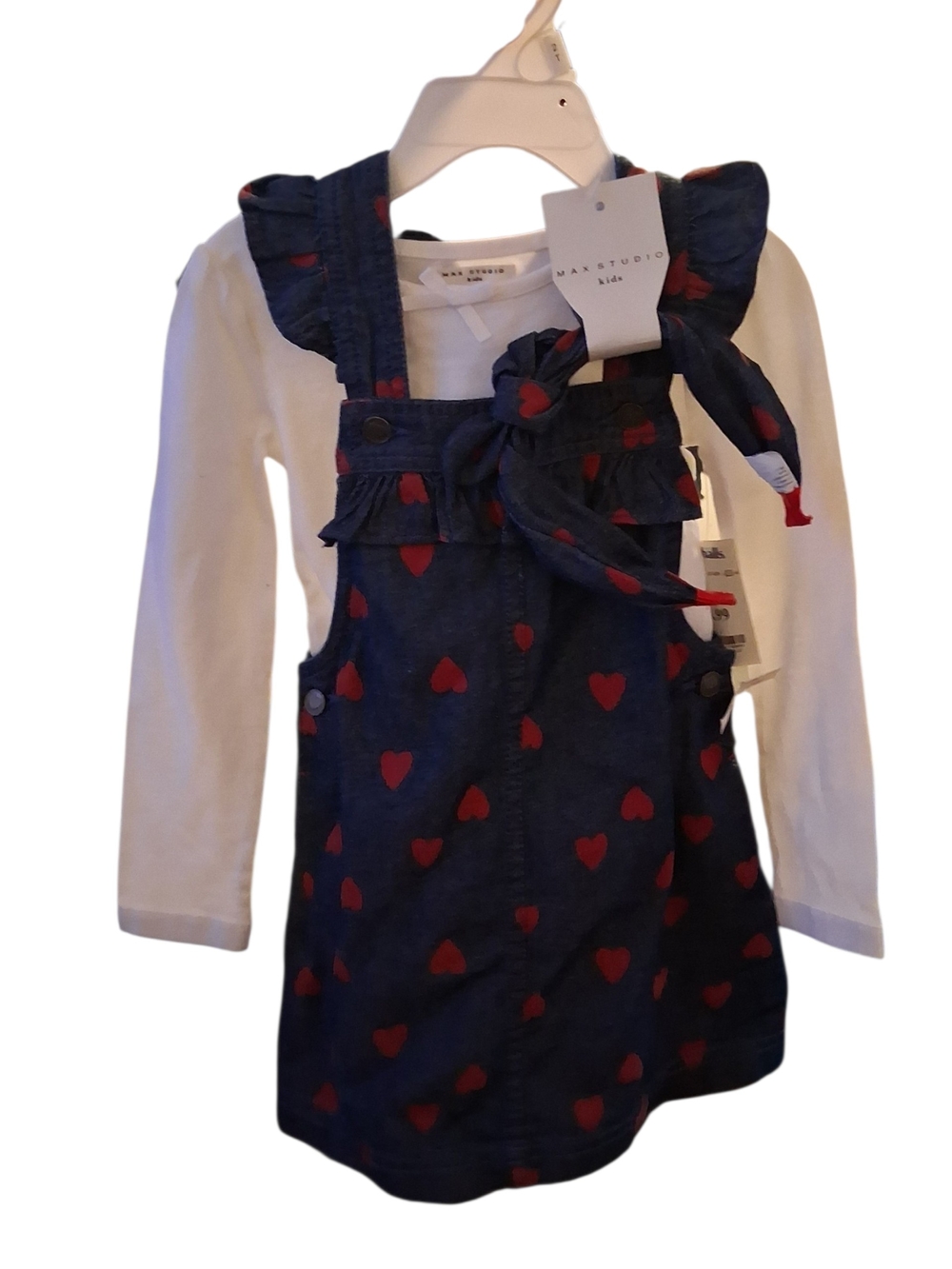 Max Studio Navy Denim Pinafore Dress with Red Heart Print